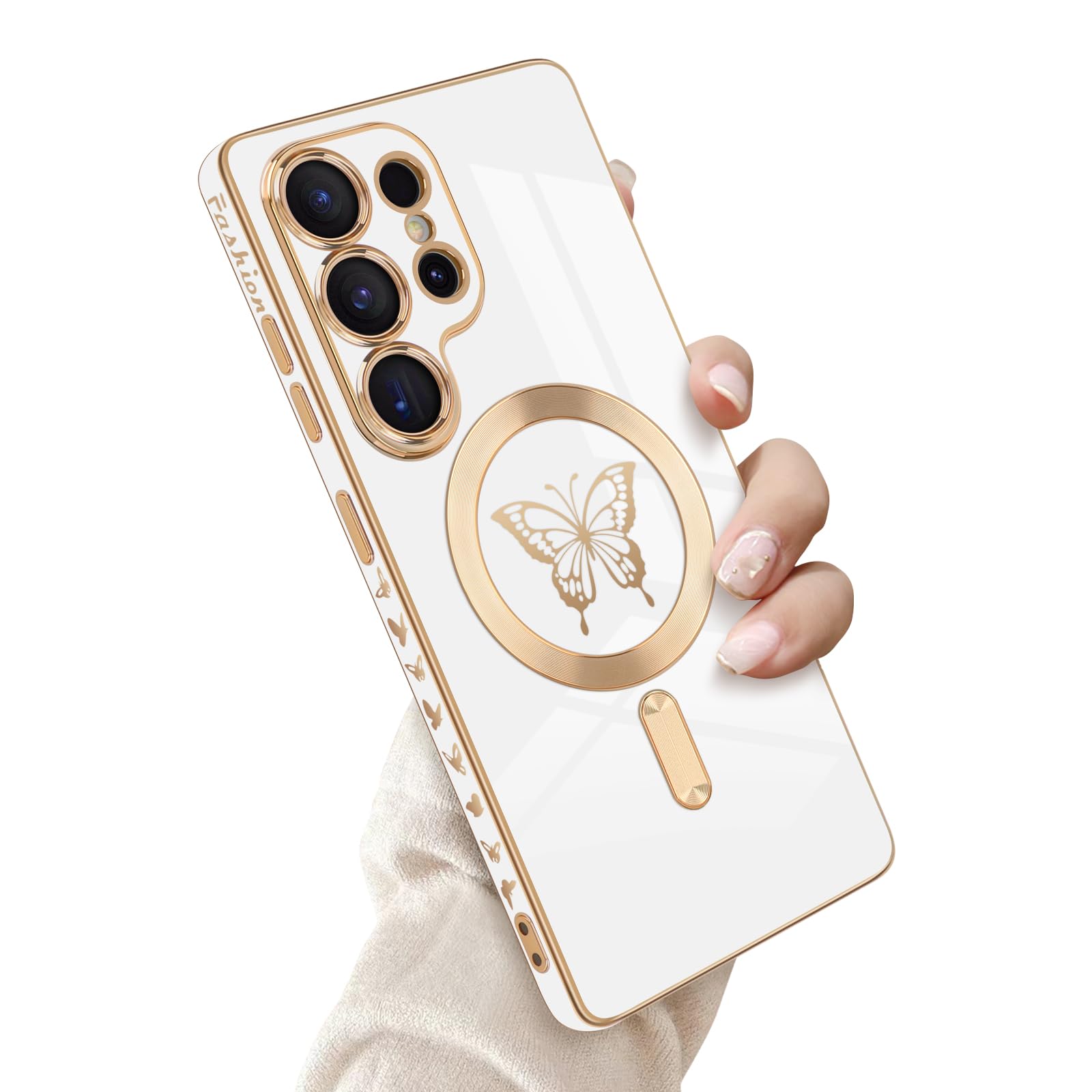 Newseego for Samsung Galaxy S25 Ultra 5G Magnetic Case, Cute Butterfly Luxury Plating Edge Case for Women Girls Men Soft TPU Shockproof Full Camera Protective Cover for Samsung Galaxy S25 Ultra-White