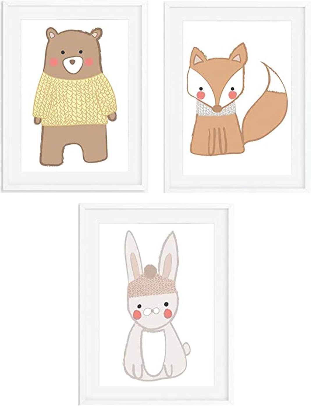 Ciujoy Unframed Cartoon Wall Pictures 3 Panels for Kids Room Fox Bear Rabbit Animal Inspirational Canvas Print Art Decor Posters For Girls Boys Bedroom Nursery Home Living Room Bedroom Decor 21x30cm