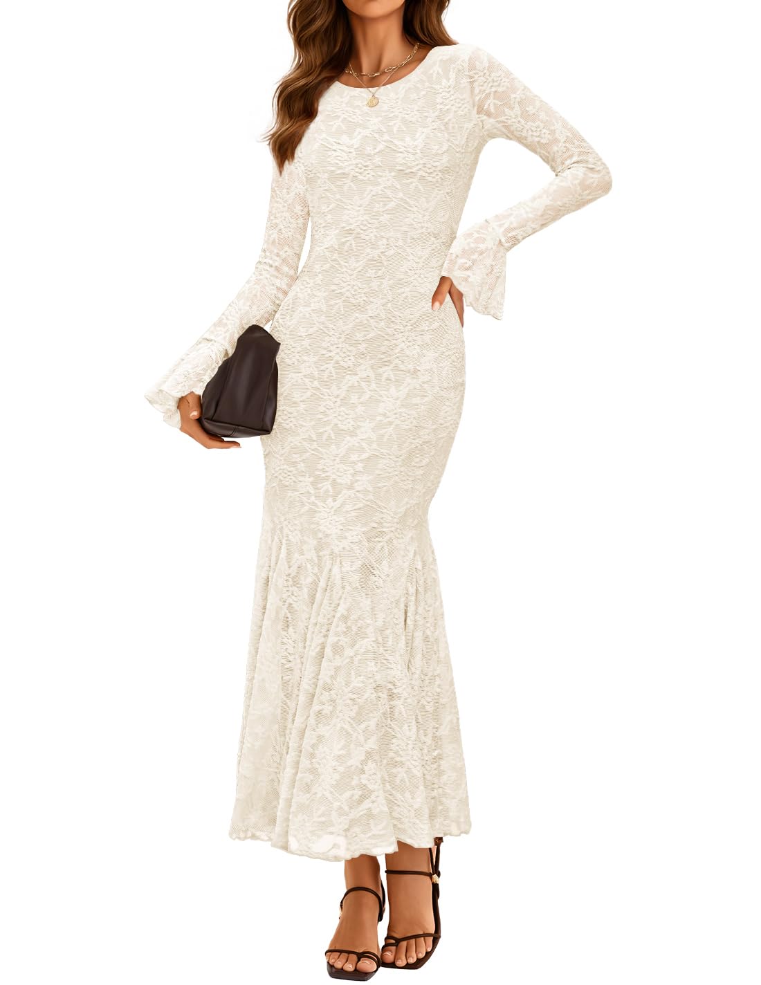 Photo 1 of ***(HEAVILY USED/ MINOR DAMAGE)***ZESICA Women's Long Sleeve Bodycon Maxi Dress 2025 Fall Fashion Floral Sexy Mermaid Wedding Guest Cocktail Party Dresses Beige Medium