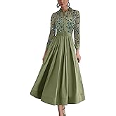 luolandi A-Line Elegant Mother of The Bride Dresses Formal Dress Ankle Length Long Sleeve Shirt Collar Satin with Embroidered