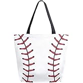 Naanle Sport Baseball Canvas Tote Bag Large Women Casual Shoulder Bag Handbag, Softball Baseball Lace Reusable Multipurpose Heavy Duty Shopping Grocery Cotton Bag for Outdoors.