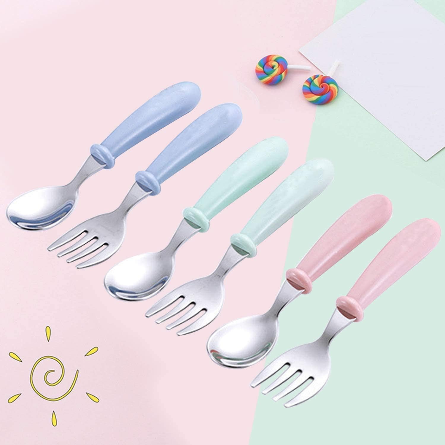 Pour Le Sevrage Et Lapprentissage De La Coutellerie Sodial Jeu De Vaisselle Fourchettes Cuilleres Bebe Avec Bo Te De Rangement Bleu Vert Et Rose Bebe Et Puericulture Le Repas De Bebe Loclic Com