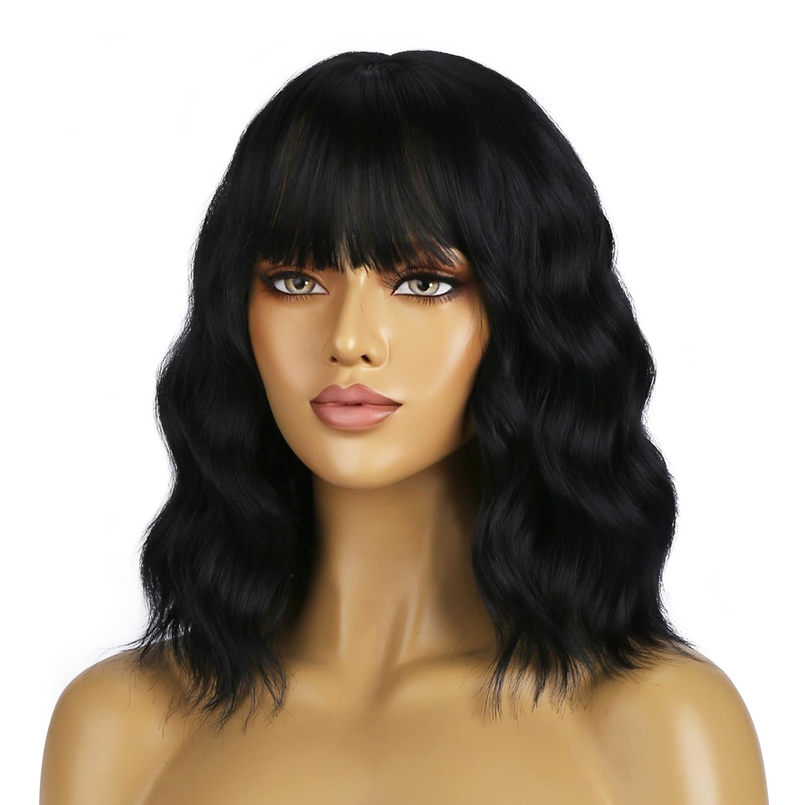 Photo 1 of BERON 14 Inches Black Wigs with Bangs for Women Short Curly Wig Black Bob Wig for Girl Natural Looking Wavy Wigs