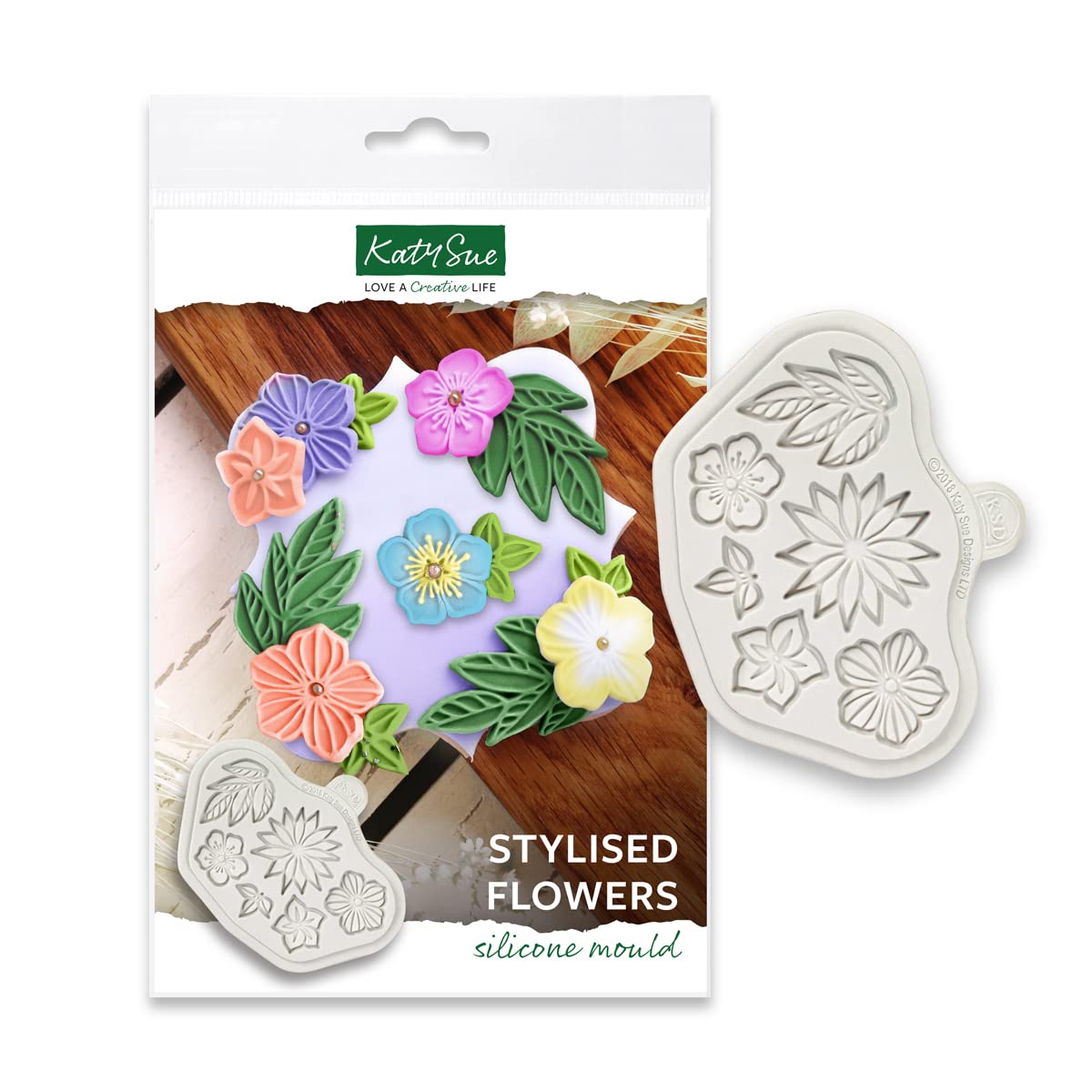 Katy Sue Stylised Flowers Silicone Mould for Cake Decorating & Craft. Makes 4 Flowers (23 to 33 Millimetres) & 2 Leaves (34 & 14 Millimetres) for Fondant, Sugar Paste, Flower Paste & Clay. UK Made