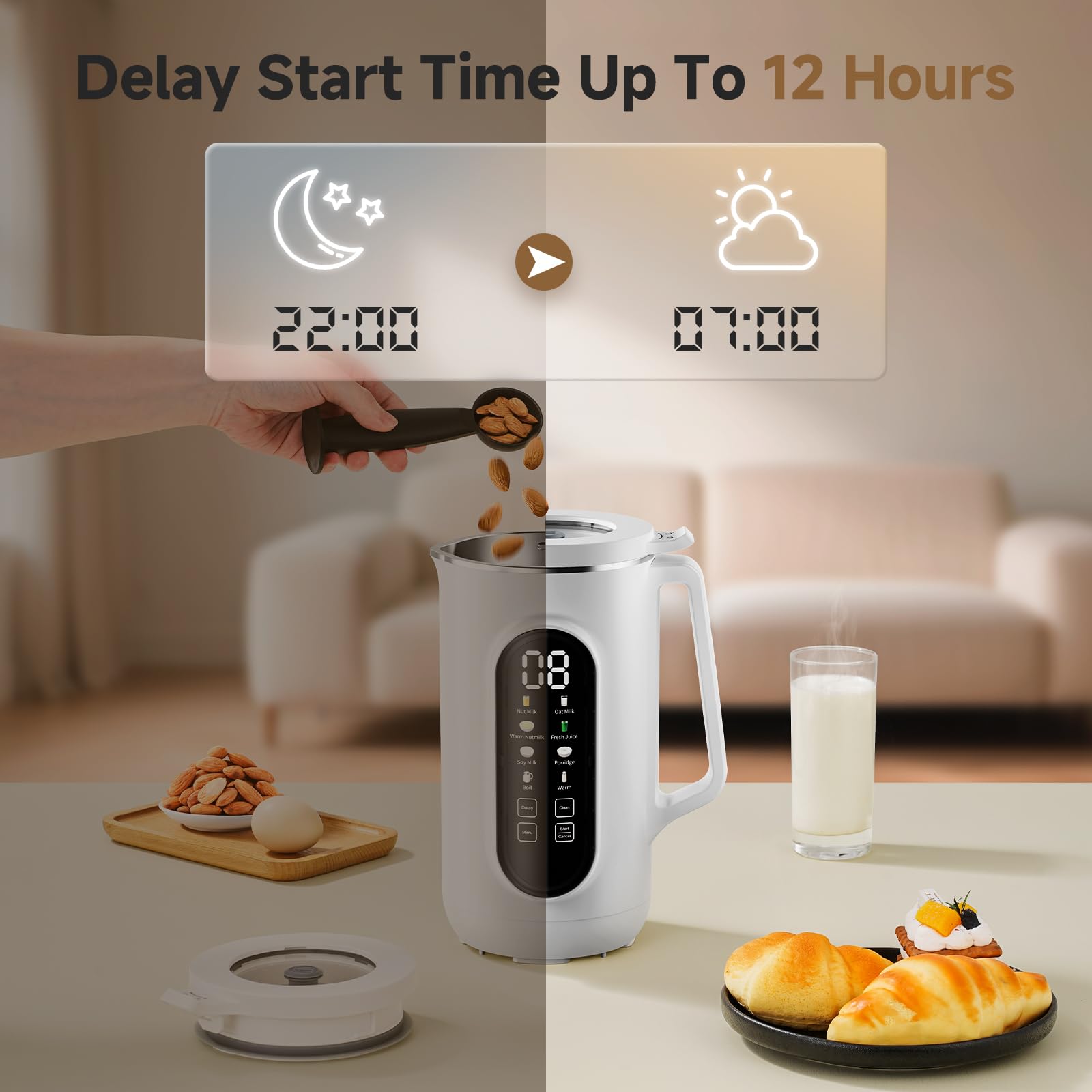 Máquina para hacer leche de nueces de 40 oz, máquina para hacer leche de nueces 10 en 1 para leche de almendras casera, leche de soja, avena y bebidas no lácteas, máquina para hacer leche de soja con 10 cuchillas, inicio retardado, mantener caliente, limpieza automática, ebullición