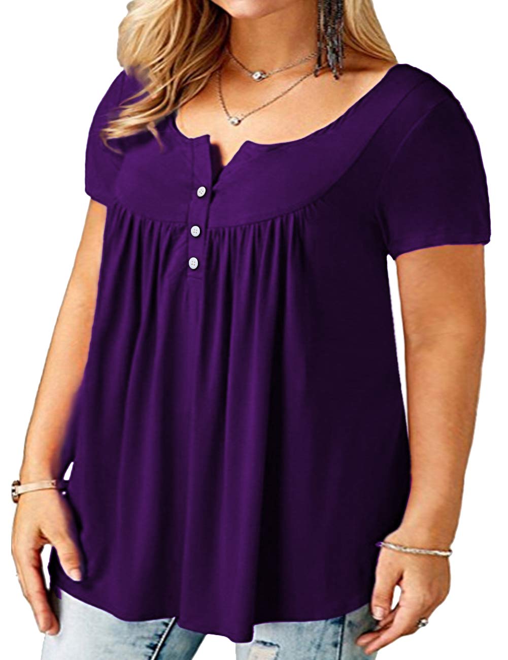 DIOLOCA Women\'s Tops Plus Size Button Up Shirts V Neck Pleated Blouses Short Sleeve Purple 4X