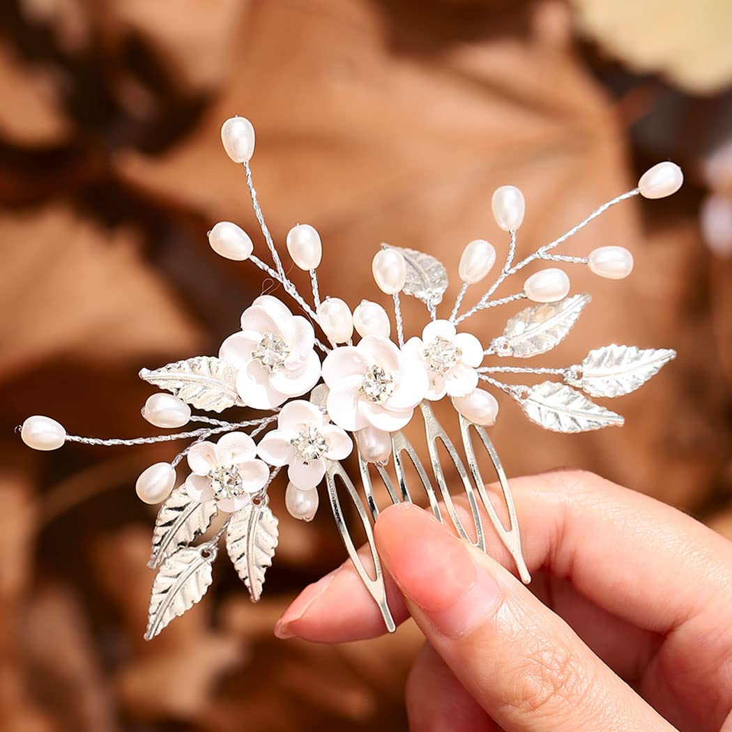 Edary Bride Wedding Hair Comb Silver Flower Headpiece Pearl Wedding Hair Clip Bridal Rhinestone Hair Accessories for Women and Girls