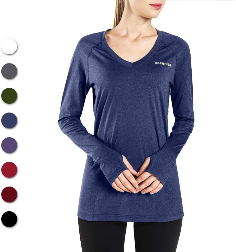 Women's V-Neck Long Sleeve Sports Running Tops Shirts with Thumb Hole, Quick-Dry Fitness T-Shirt Tops for Workout Gym Training Yoga Pilates