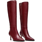 MICIFA Burgundy Knee High Boots Leather Tall Boots for Women Stiletto Kitten Heeled Boot Pointed Toe Side Zipper Dress Boot Cherry Wine Red