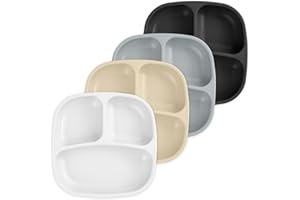 RE-PLAY Re Play - 4 Pack 7.37" Divided Plates with Deep Sides for Baby, Toddler & Child Feeding | BPA Free | Made in USA from Eco Friendly Recycled Milk Jugs | Monochrome (White, Sand, Black, Grey)