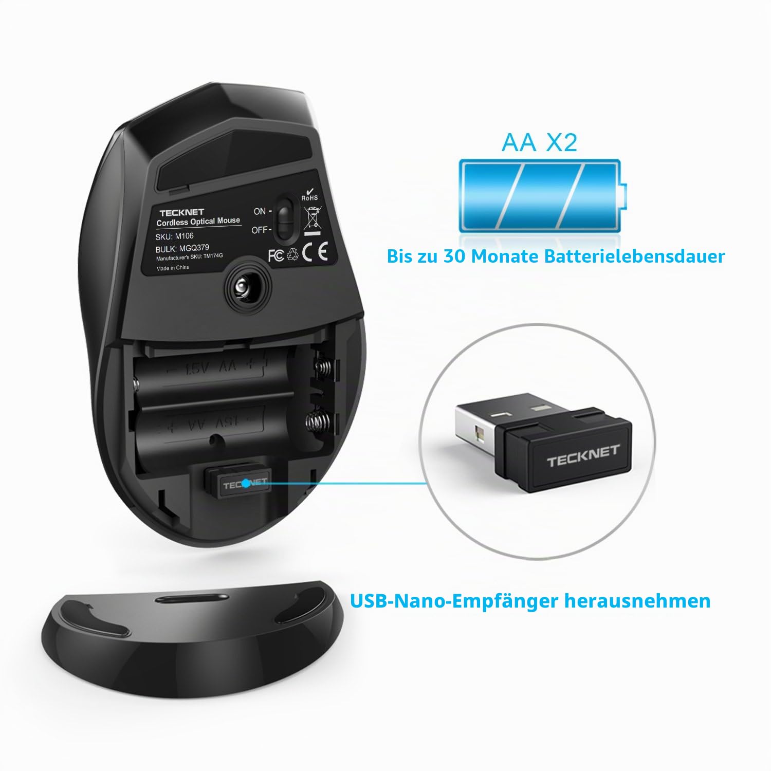 TECKNET Silent Maus Kabellose, 4800DPI 2.4GHz Leise Funkmaus mit Nano Empfänger, Side Control, Ohne Klickgeräusche, 6 Verstellbare DPI Level, Sechs Knöpfe Wireless Maus für Büro Zuhause, Schwarz 2