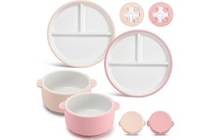 Domensi 4 Pcs Porcelain Kids Plates and Bowls Sets with Suction, 2 Ceramic Toddler Divided Plates 2 Baby Anti Slip Silicone Sleeve Bowls for Feeding Supplies Microwave Dishwasher Safe (Pink,Beige)