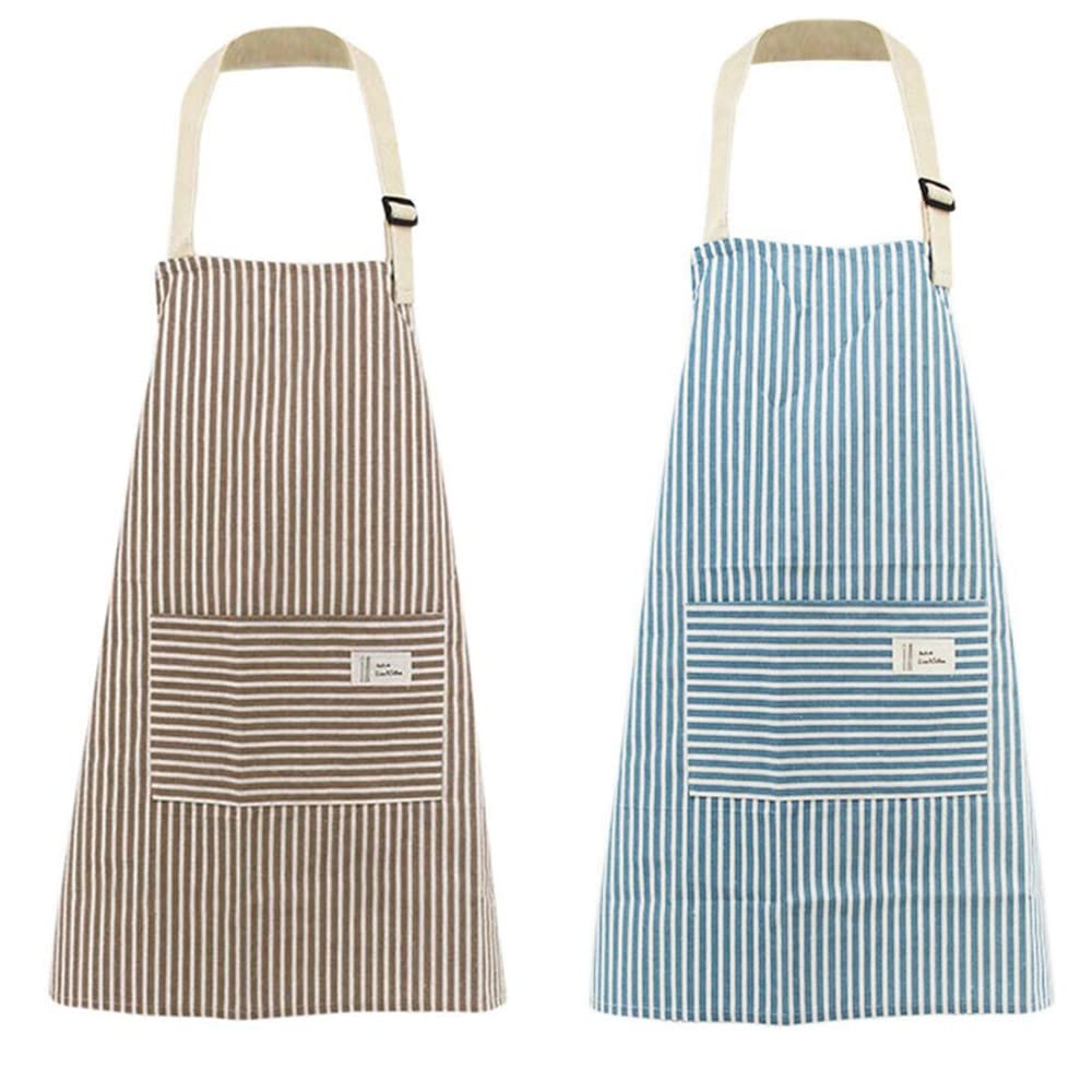 Coyanyu Woman Apron with Pockets, 2 Pieces Blue and Coffee Stripe Adjustable Cotton Linen Kitchen Chef Bib Apron for Cooking, BBQ, Baking, Gardening, Household Cleaning, Restaurant