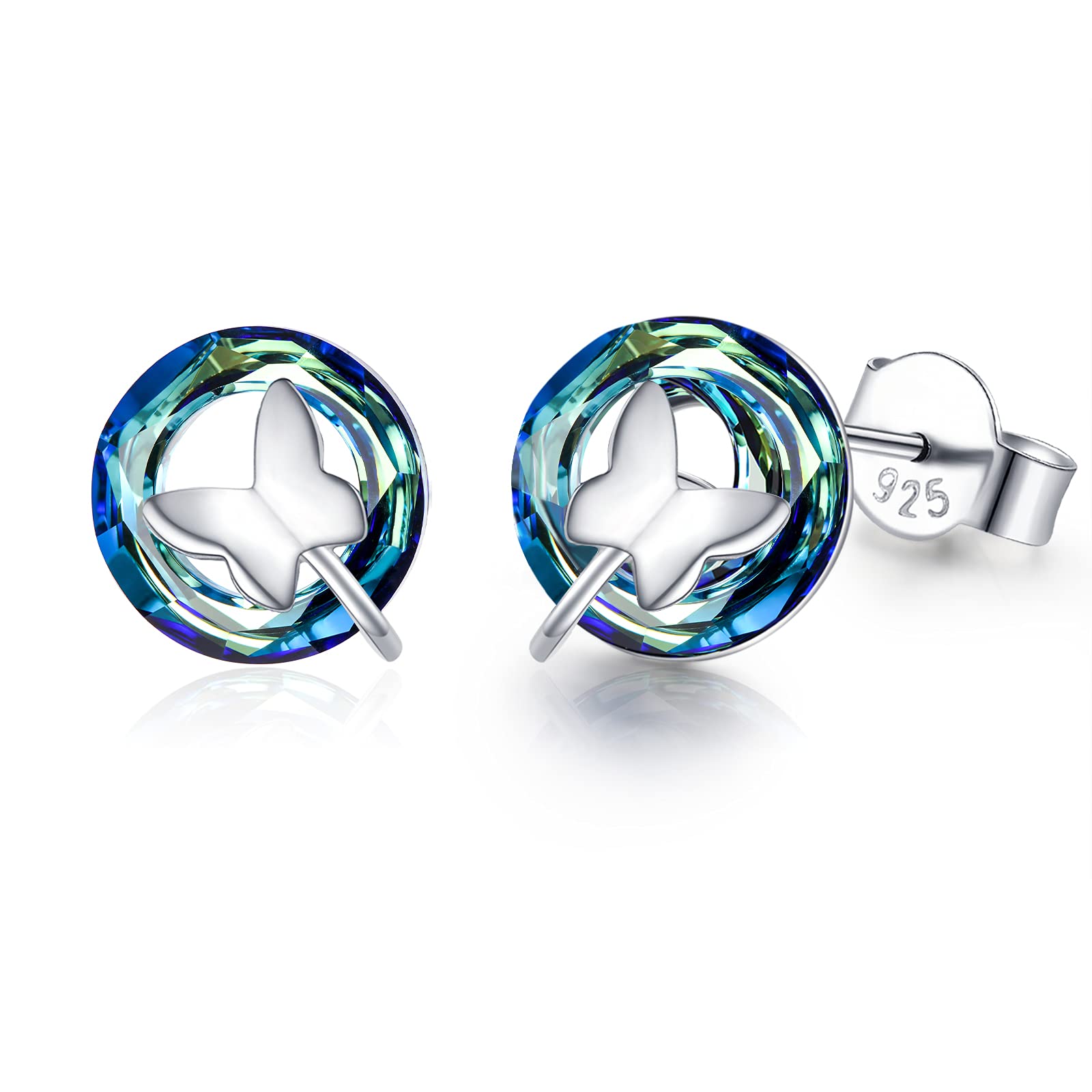Butterfly Stud Earrings for Women 925 Sterling Silver Circle Crystals Earrings Butterfly Earrings Studs Butterfly Jewellery Gift for Girls Kids