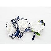 DESUNESS Dark Blue Rose Wrist Corsage Wristlet Band Bracelet and Men Boutonniere Set for White Wedding Flower Accessories Prom Suit Decorations