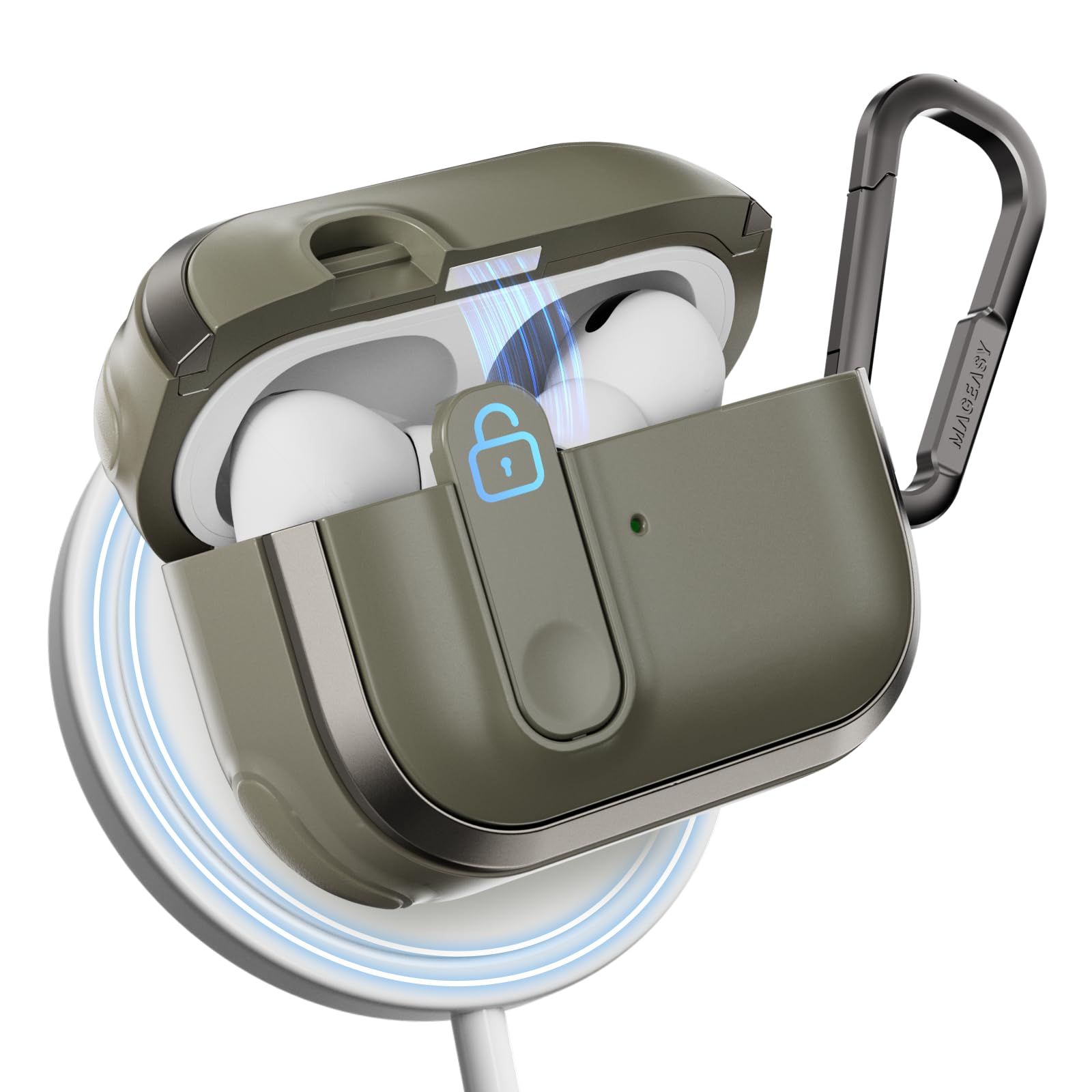 Photo 1 of MAGEASY Design for AirPods Pro 2 Case Cover - Rugged AirPods Pro Case with Lock | Work with Cable, Official Apple Watch & MagSafe Charging | Include Carabiner - Odyssey, Metal Green
