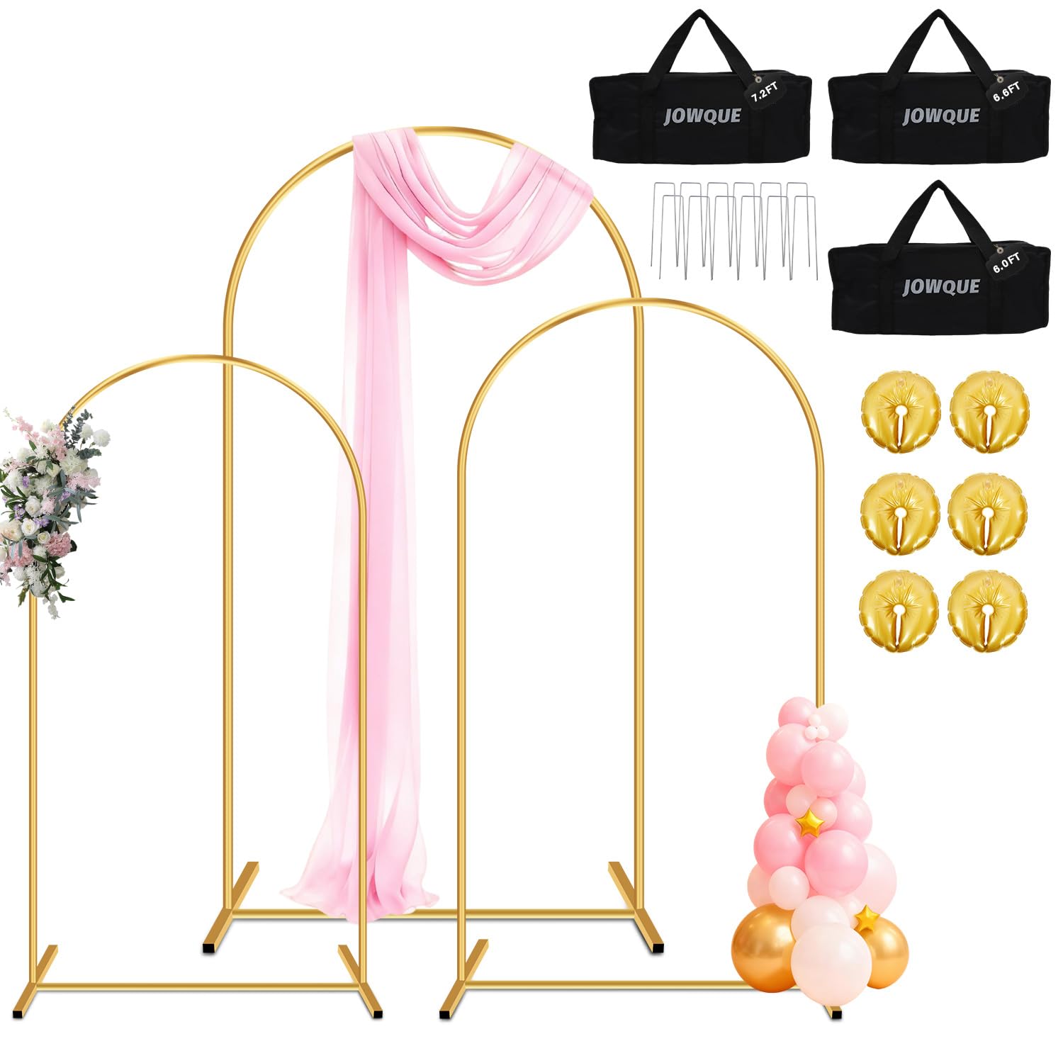 Photo 1 of ***FACTORY SEALED*** Heavy Duty Metal Arch Backdrop Stand, 7.2FT, 6.6FT, 6FT Set of 3 Gold Arch Stand with Ground Stakes and Water Bags, Balloon Arch Stand for Wedding Party Baby Shower Photo Flower Arch Decration