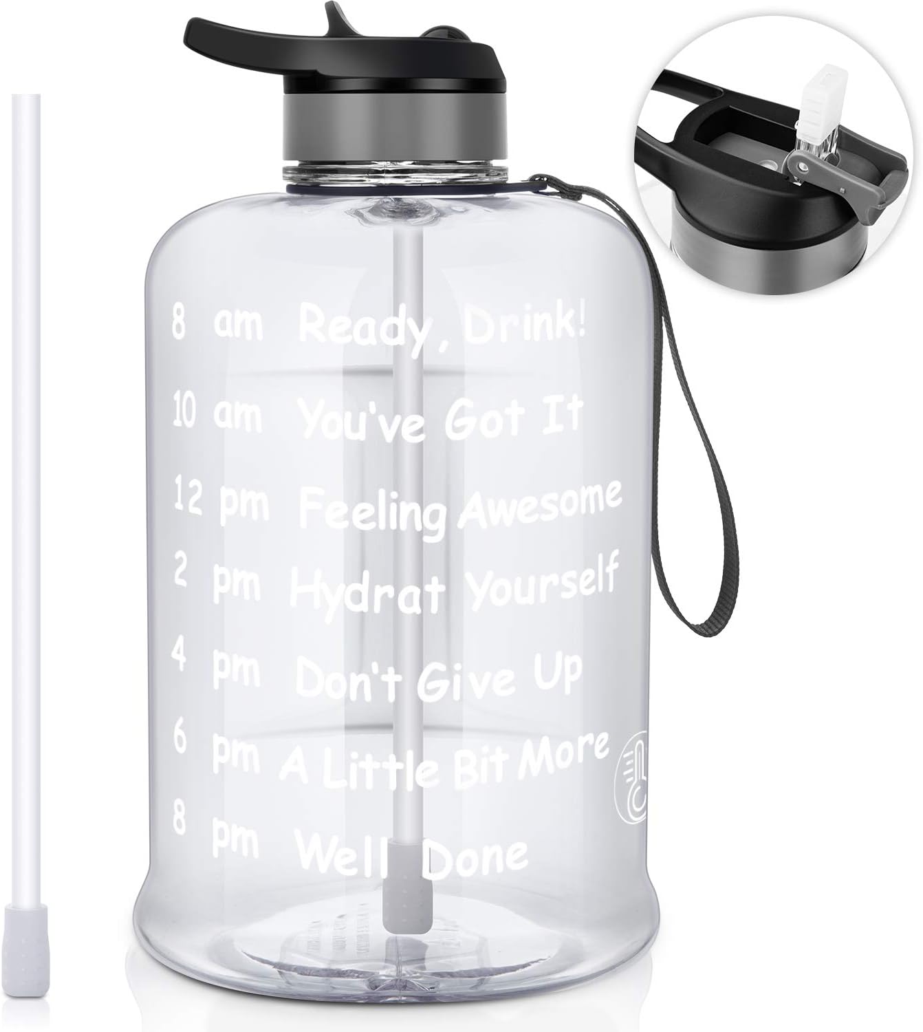 AOMAIS Motivational 1 Gallon Water Bottle with Time Marker & Straw, BPA Free Big Water Bottles,Wide Mouth, Leak Proof Lid with Spout, Reusable Plastic Large Water Jug for Sports Outdoor Activity