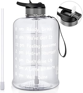 AOMAIS Motivational 1 Gallon Water Bottle with Time Marker & Straw, BPA Free Big Water Bottles,Wide Mouth, Leak Proof Lid with Spout, Reusable Plastic Large Water Jug for Sports Outdoor Activity