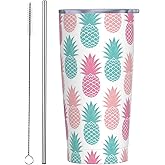 FEYAMYUN Pink Blue Pineapple 20oz Tumbler, Summer Fruit Pattern Stainless Steel Travel Coffee Mug with Lid Straw, Colorful Pineapples Double Wall Vacuum Insulated Coffee Cup for Hot and Cold Drinks
