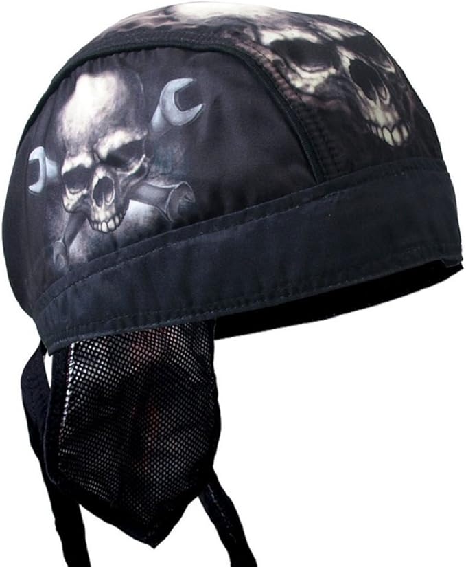 Black Tan White Skull Crossbone Wrenchs Motorcycle Head Wrap Durag Cap