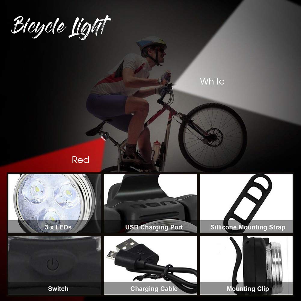 USB Rechargeable Bike Light Set, Super Bright Front Headlight and Rear LED Bicycle Light, 4 Light Mode Options, Water Resistant IPX4(2 USB Cables and 2 Strap Included)
