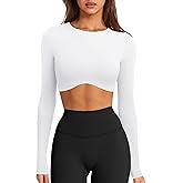 LASLULU Womens Sexy Double Lined Long Sleeve Shirts Crewneck Workout Tops Athletic Yoga Shirts Going Out Crop Tops