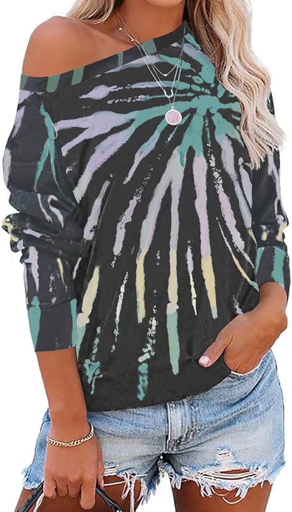 Amazon Fulision 女性のゆるい性格のスウェットシャツオフショルダーストライプタイダイプルオーバースウェットシャツトップ Tシャツ カットソー 通販