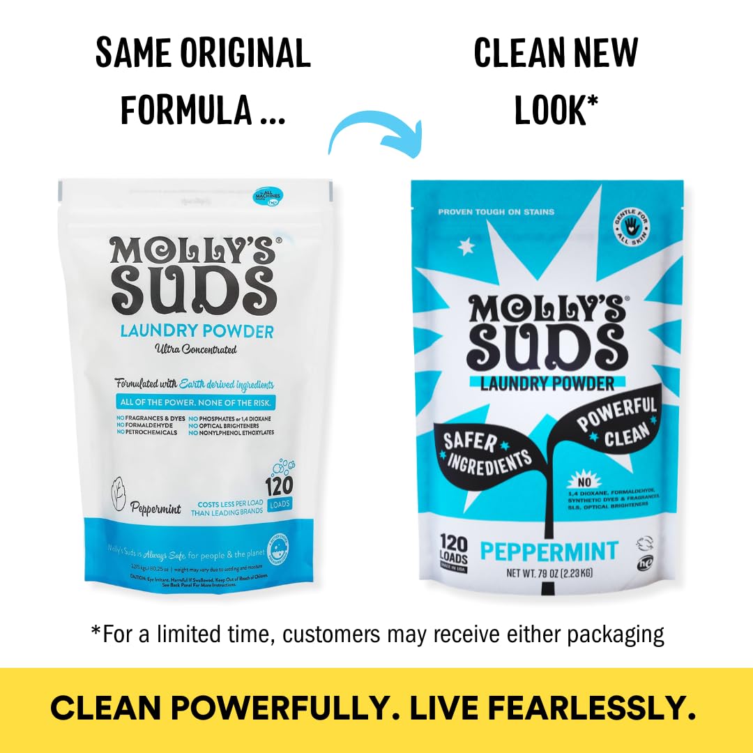 Molly's Suds Original Laundry Detergent Powder | Clean Laundry Detergent Powder for Sensitive Skin | Simple, Effective Ingredients, Stain Fighting | 120 Load (Peppermint)
