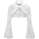 OYOANGLE Women's Floral Lace Mesh Bell Sleeve Shrug Bolero Open Front Stand Collar Goth Crop Tops