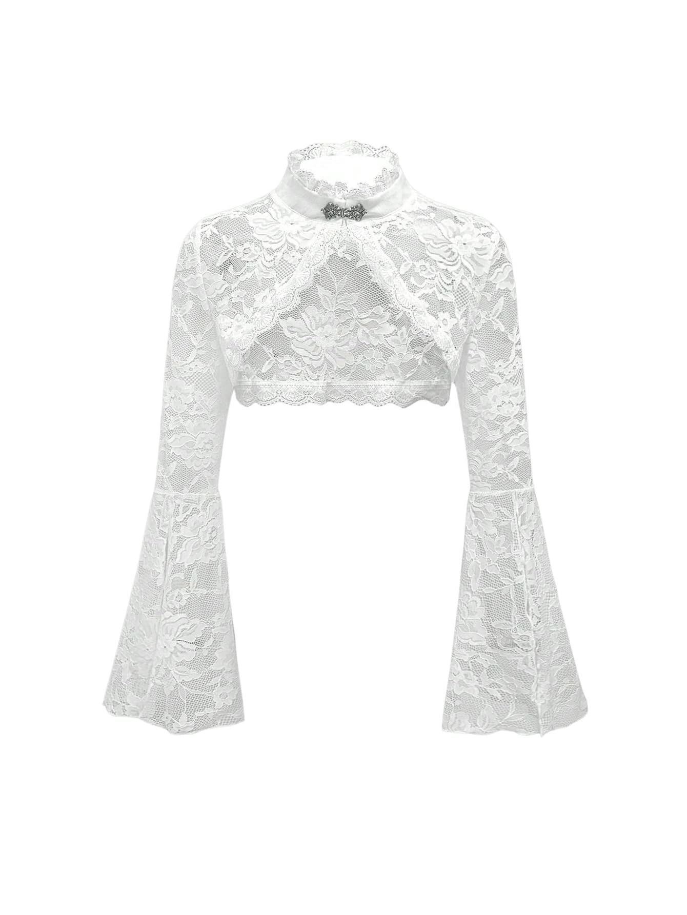 Photo 1 of OYOANGLE Women's Floral Lace Mesh Bell Sleeve Shrug Open Front Stand Collar Goth Crop Tops White X-Large
