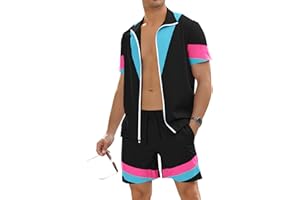 UOUA 80s Costume Outfit for Men 90s Color Block Tracksuit 2 Piece Retro Short Sleeve Jacket & Shorts Set for Party
