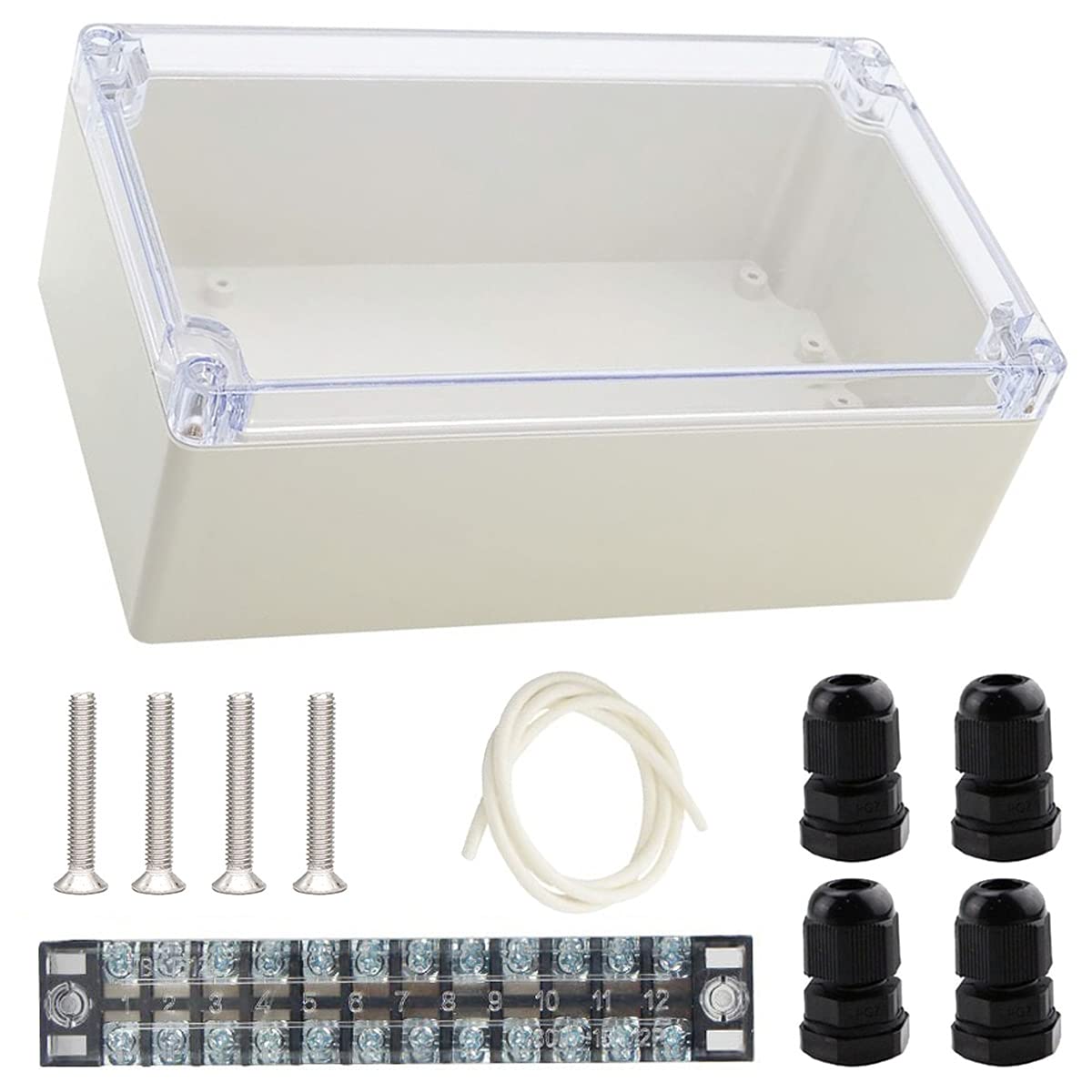 Youmile ABS Plastic Junction Box 200 x 120 x 75mm IP65 Waterproof Electronic Project Enclosure Box Transparent Cover for Outdoor with 12P Terminal Block, 4PCS PG7 Cable Gland