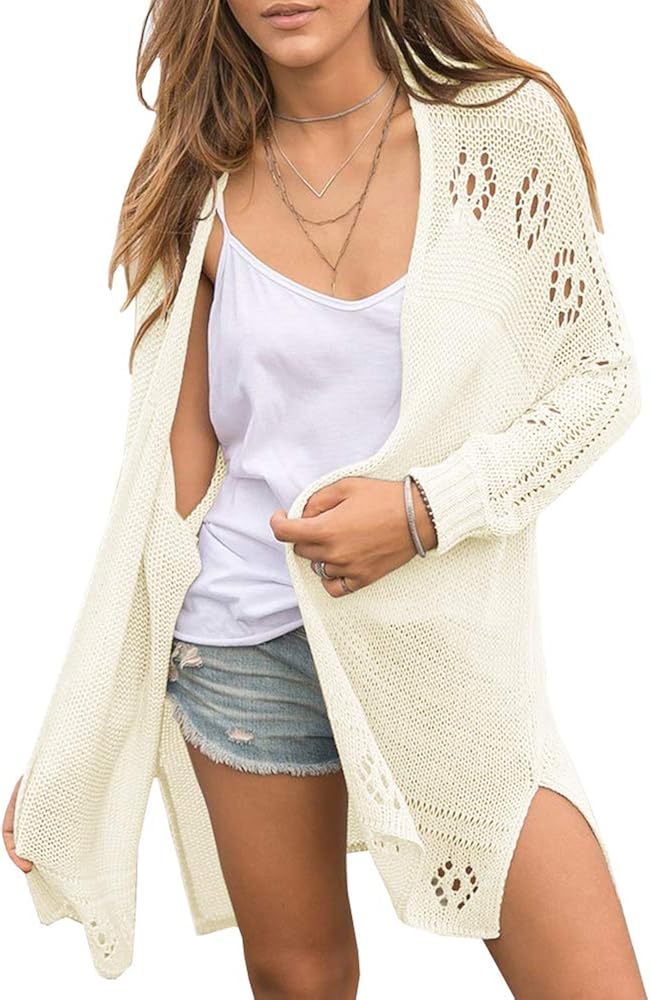 Nulibenna Womens Crochet Open Front Sweater Cardigan Summer Long Sleeve Knit Hollow Out Boho 