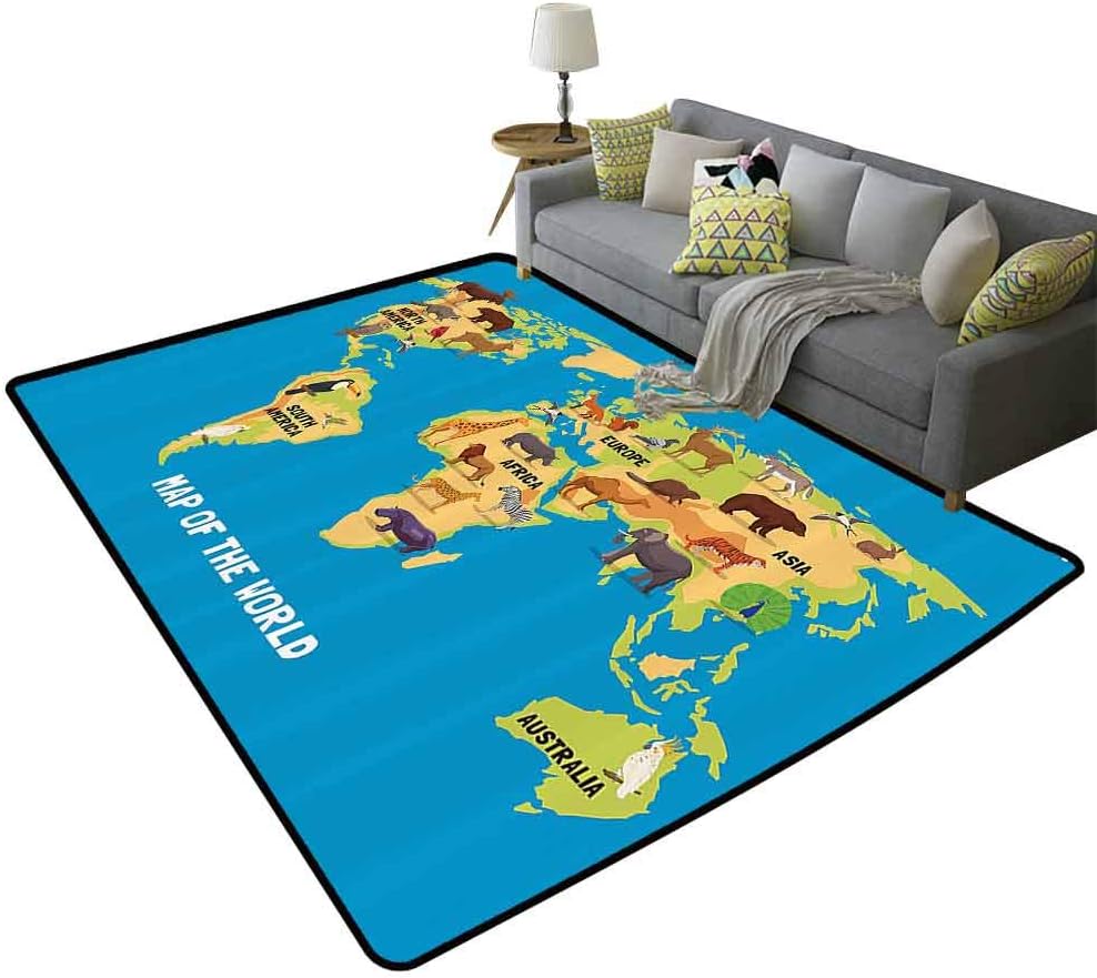 Wanderlust Decor Modern Rug Flat Map of World Artwork with Animals Living in Different Parts of Continents Easy to Care, 4'x 6'(120x180cm)