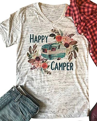 Enmeng Womens Causal Happy Camper Printed T-Shirt Camping Graphic Tees