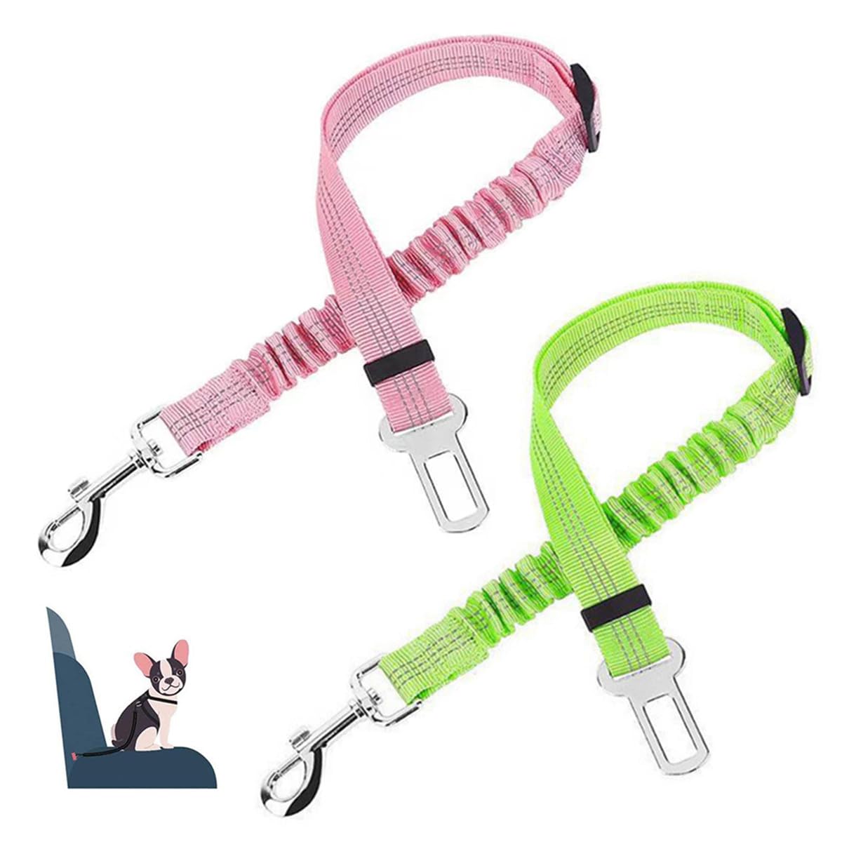 SamHeng Reflective Dog Seat Belt for Car, 2 Pcs Adjustable Dog Car Harness, Dog Safety Seat Belt with Elastic and Safety Buckle, Universal Dog Seatbelt Clip Lead Pet Travel Accessories (Pink & Green)