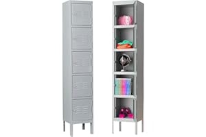 MIIIKO Metal Locker for Employees, 5 Tier Storage Shelves Cabinet, Steel Lockers with 5 Lockable Doors, for School, Home, Office, Changing Room and Gym
