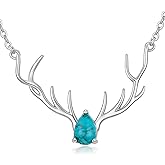 Reaii Natural Turquoise Antler Necklace 925 Sterling Silver Antler Pendant Necklace Christmas Jewelry. Holiday Commemorative Jewelry Gift for Women