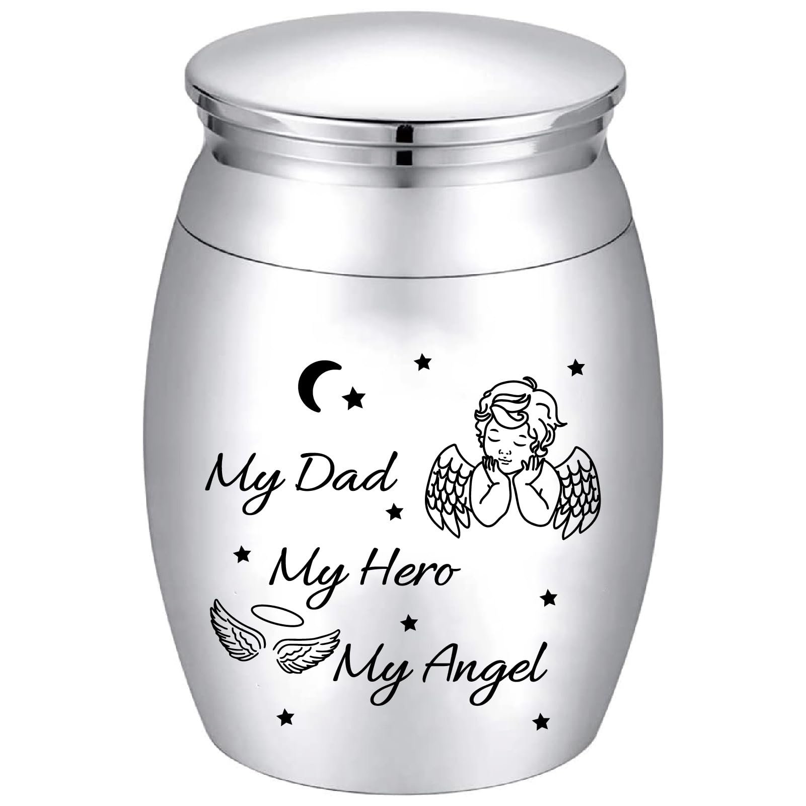 CREATCABIN Small Keepsake Urn for Dad Mini Cremation Urns Decorative Memorial Funeral Ashes Holder Silver Engraved Stainless Steel Container for Dad Father 1.57 x 1.18 Inch-My My Hero Angel