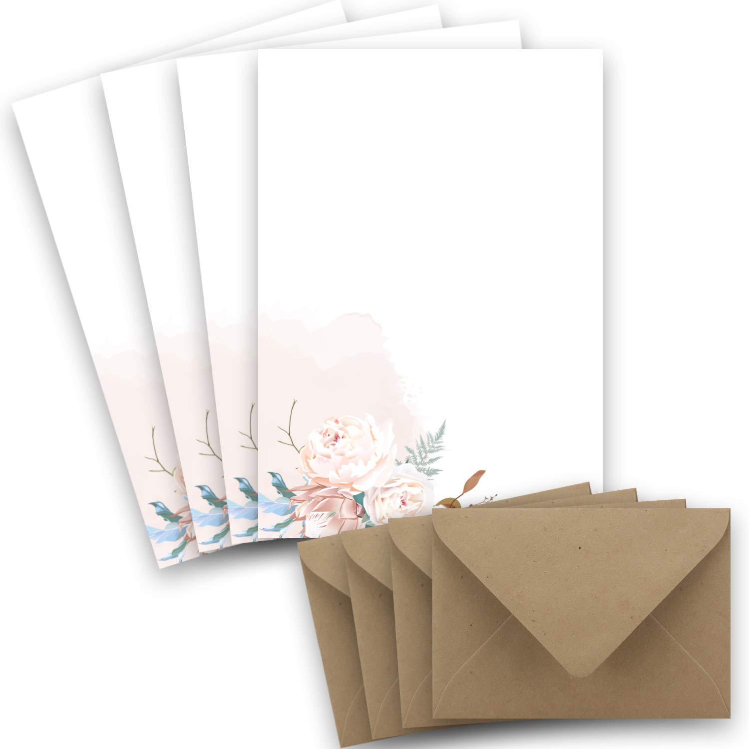 Glüxx Agent 25 Sets of Letter Paper DIN A4 – Natural White with Dried Flower Motif – with Envelopes DIN C6 in Brown Kraft Paper – Printable – Ideal for Wedding Invitations