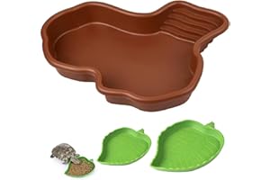 DUOYUZHIYU 3PCS Tortoise Dish with Ramp Leaf - Tortoise Food & Water Bowls - Reptile Habitat Accessories for Horned Frogs & Lizards - Fit for Bath