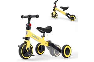 SPORTPULES 3-in-1 Toddler Trike Balance Bike Combo with Foldable Rear Wheels&Removable Pedals，Learn-to-Ride On Tricycle for 2-5 Years Old,Quick Assembly,Adjustable Height Kids Bicycle (Yellow)