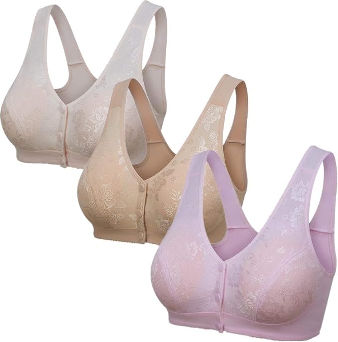 VELWINGS 2Pack Medium Elderly Women Cotton Front Closure Wire Free Thin