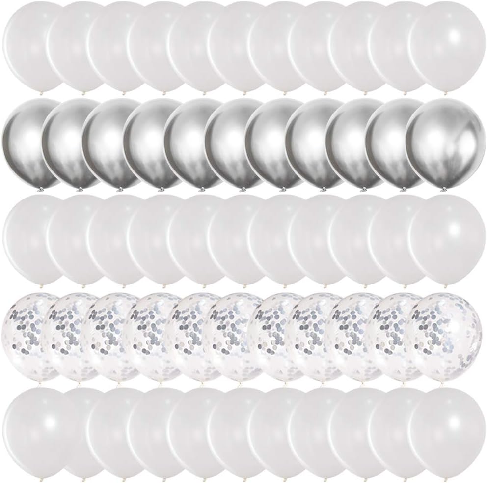 JOJO FLY 50 Pcs 12 Inch Silver and White Balloons Set, Silver Confetti Balloons Chrome Shiny Metallic Latex Balloons for Birthday Party Decoration Bridal Baby Shower Wedding Balloons Garland Arch