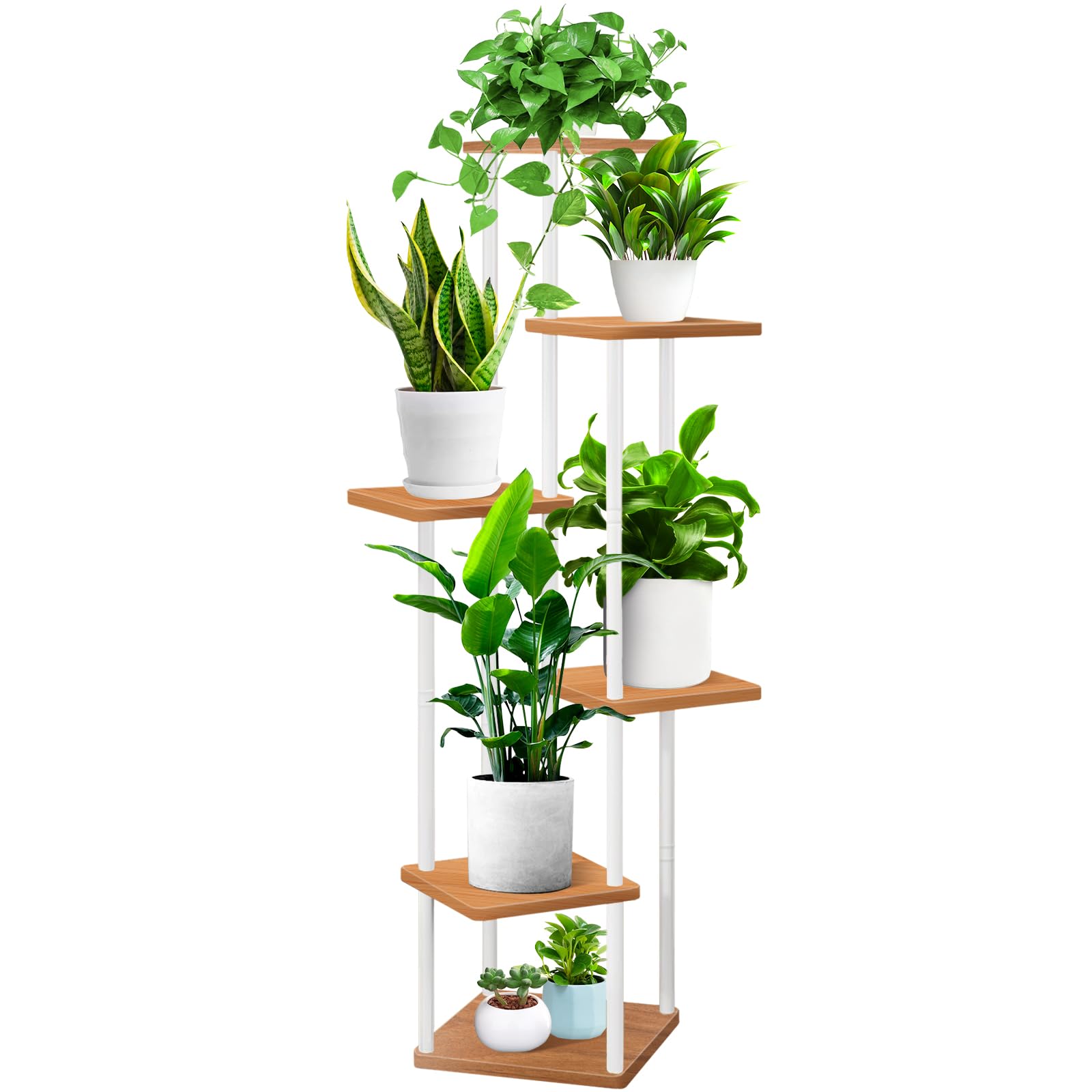 Photo 1 of YOCOMEY 6 Tier Wood Tall Plant Stand Metal Rack Indoor, Multiple Flower Pot Holder Shelves Corner Rack, Planter Shelf Display Rack Storage Organizer for Patio Living Room Balcony Garden(White)