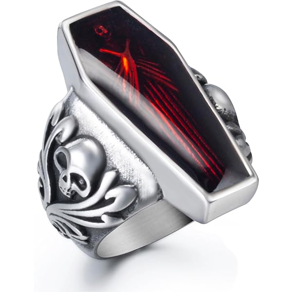 Vintage Vampire Coffin Ring for Men Red Casket Stainless Steel
