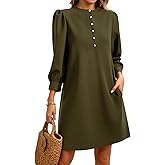 Wenrine Womens 3/4 Puff Sleeve Mini Dress Button Crewneck Elegant Casual Business Shift Dresses 2025