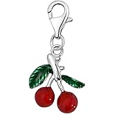Quiges Red and Green Enamel 3D Cherry Clip On Charm Pendant Silver Plated Women's Jewellery