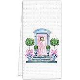 FIicy Blue and White Chinoiserie Decor Kitchen Towels, Pink Bow Door House Dish Towels, Topiary Tree Decorative Hand Towels for Bathroom, Chinoiserie Trendy Preppy Bathroom Kitchen Decor(16x24 Inch)
